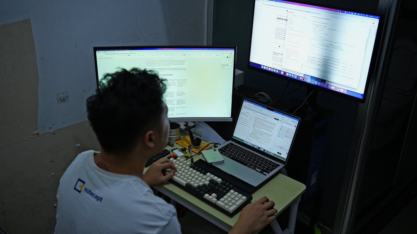 Chris at a three-screen desk writing the NoteCapt desktop software, wearing a NoteCapt T-shirt