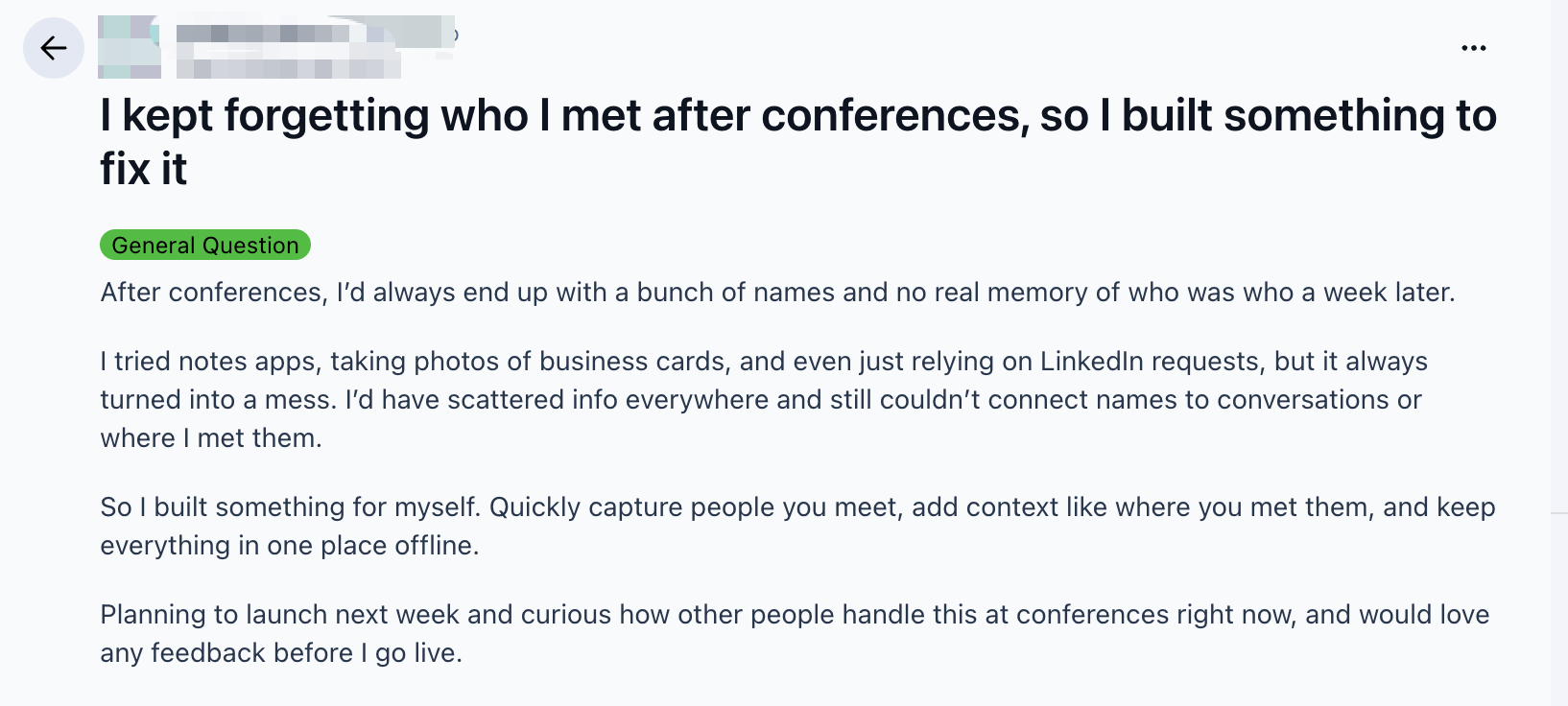 Redacted screenshot of the original post on r/indiehackers