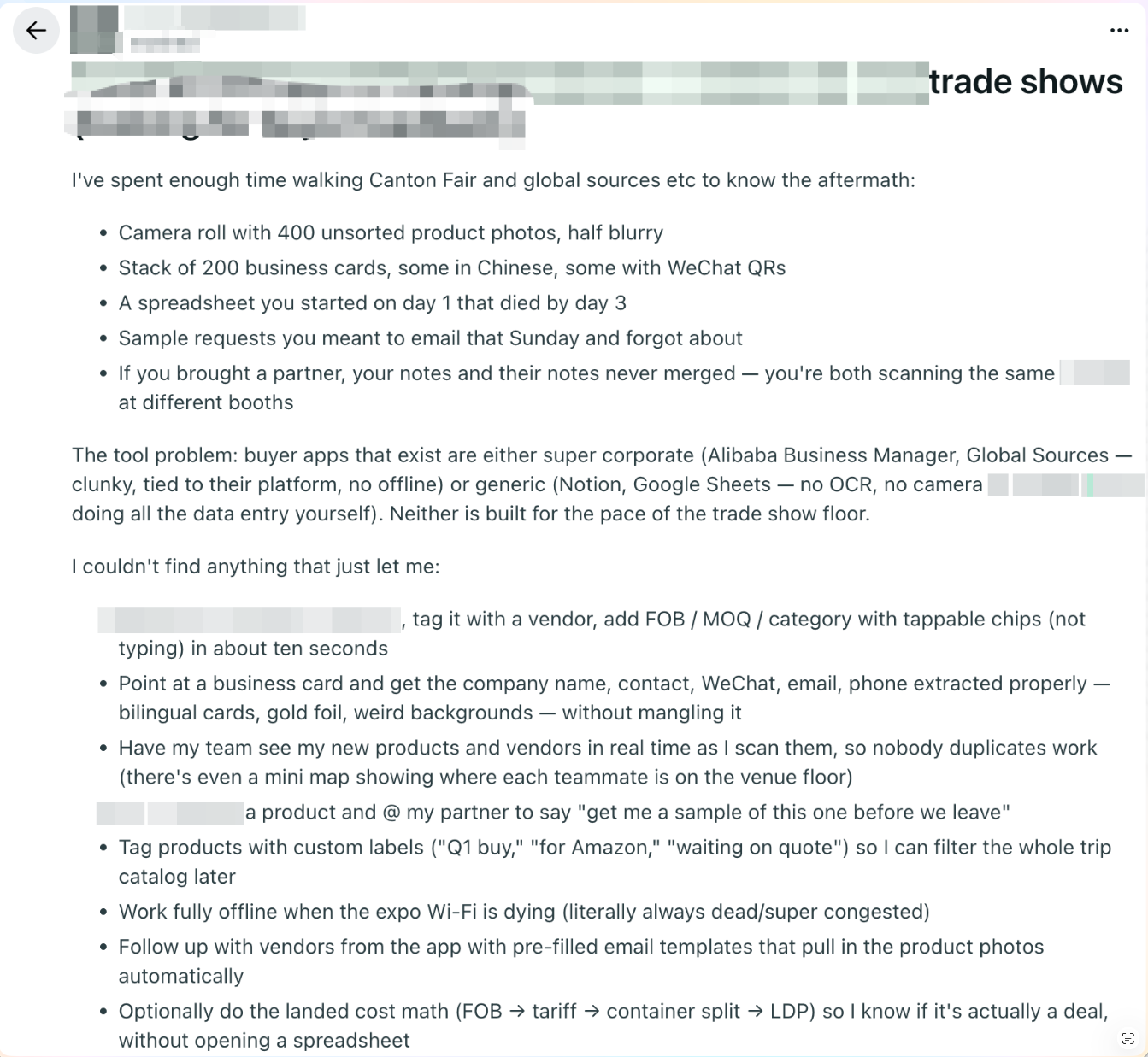 Redacted screenshot of the original post on r/Importing