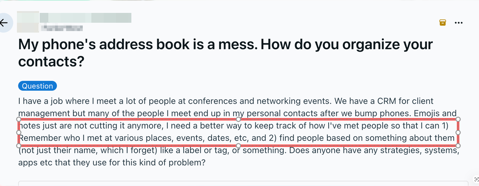 Redacted screenshot of the original post on r/productivity