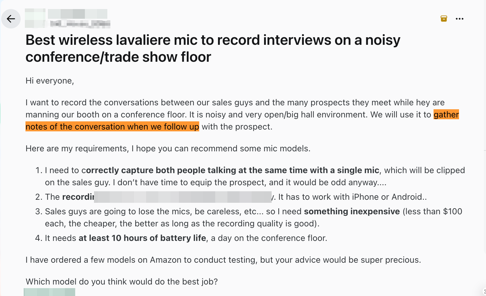 Redacted screenshot of the original post on r/audio