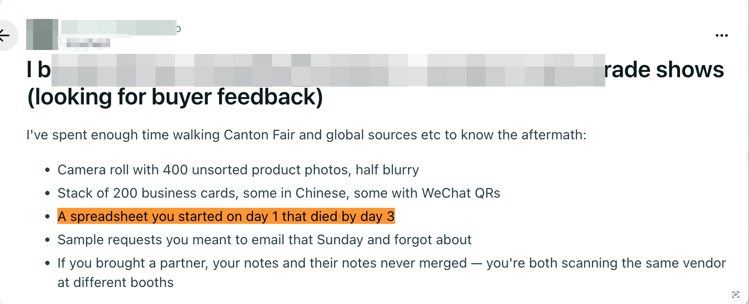Redacted screenshot of the original post on r/Importing