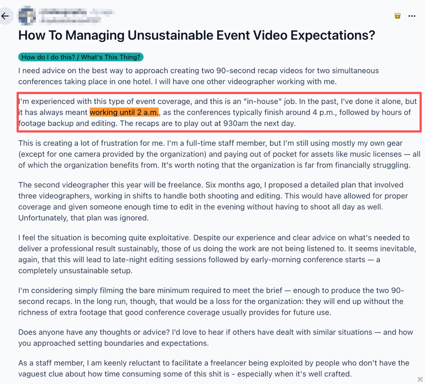 Redacted screenshot of the original post on r/videography
