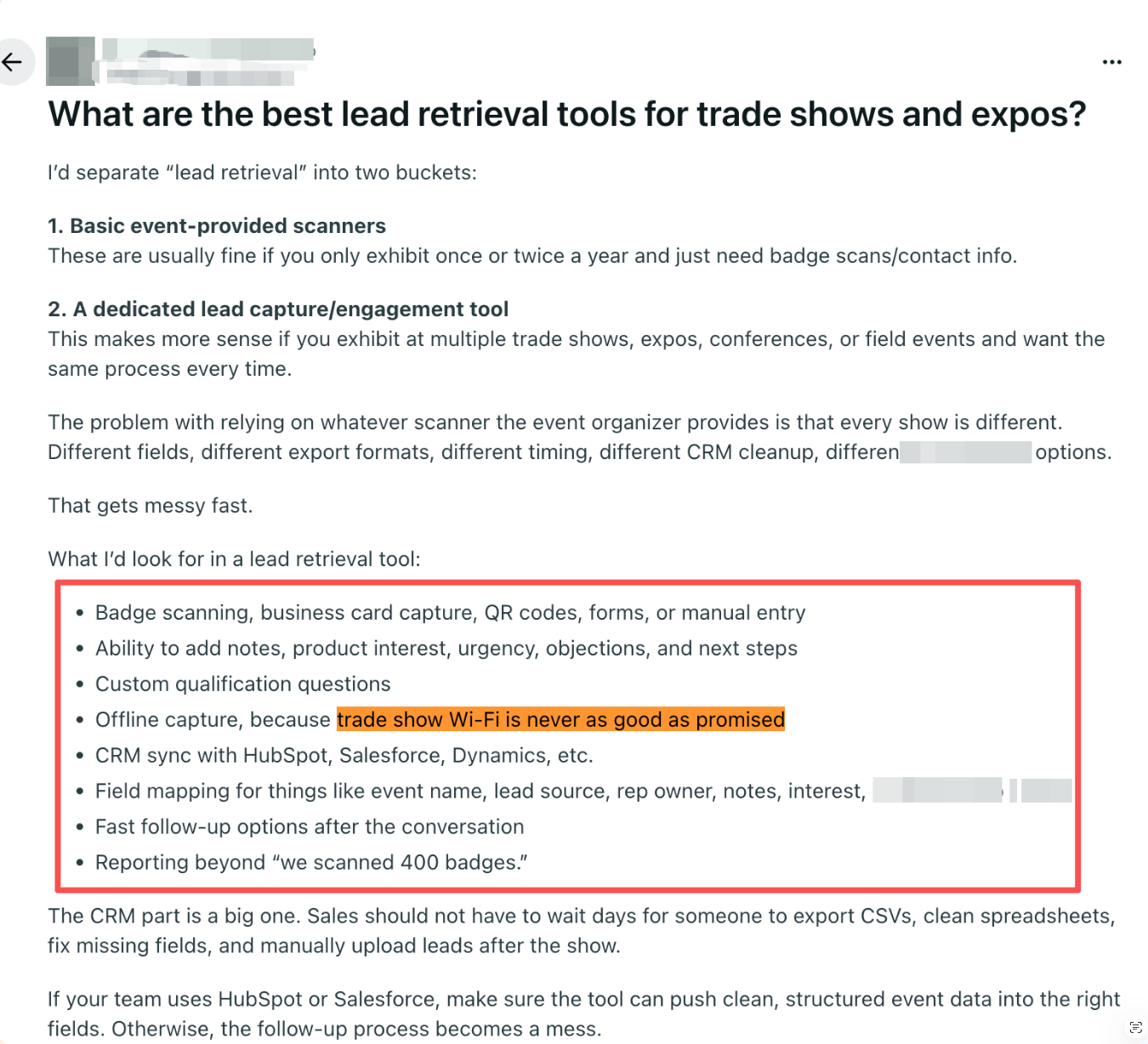 Redacted screenshot of the original post on r/tradeshows