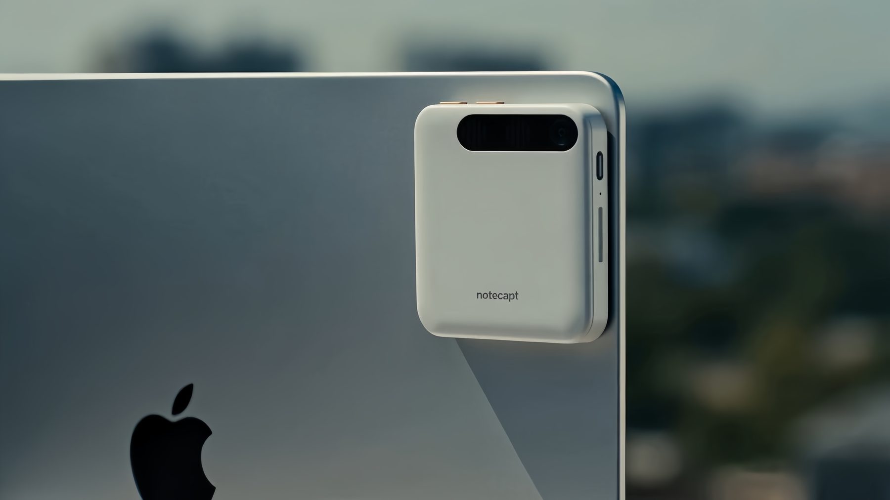 The A2 Pro attached to the back of an open laptop lid, camera and microphone facing the room
