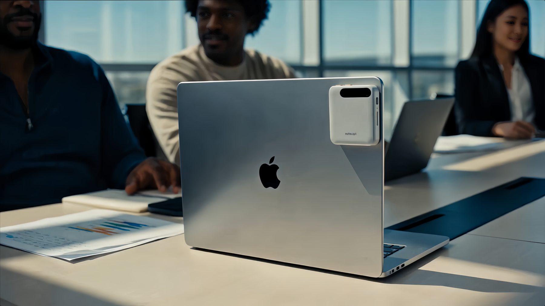 The A2 Pro attached to a laptop lid on a meeting room table, people talking around it