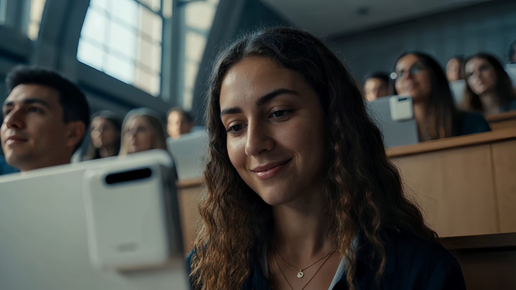 A student in a lecture theatre with the A2 Pro clipped to the laptop in front of her