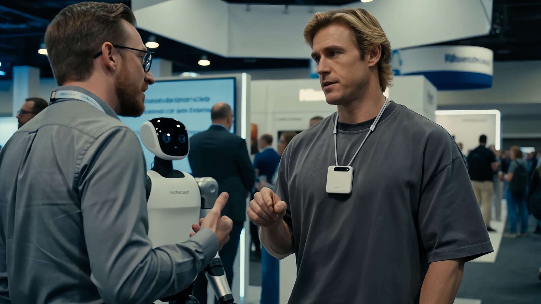 Two people talking beside a robot arm at a trade show booth, one wearing the A2 Pro on a lanyard